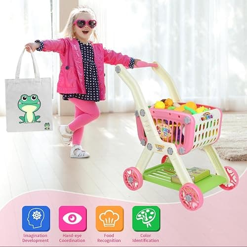 Ming You 2-in-1 Kids Shopping Cart Toy with Pretend Play Foods for Kids | 72pcs Toddler Grocery Cart Set with Fake Money and Shopping Bag for Imaginative Play, Birthday Gift for Girl Ages 3-5 (Pink) thumbnail 4