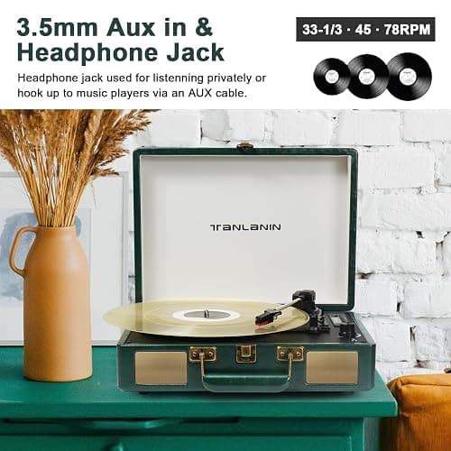 Vintage 3-Speed Bluetooth Portable USB Suitcase Record Player with Built-in Speakers | Upgraded Vinyl Turntable Audio Sound| Includes Extra Stylus & Mat | Green thumbnail 6