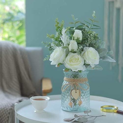 Faux Flowers with Vase,Artificial Silk Roses in Vase, Fake Plant Eucalyptus Flower Arrangement for Home Office Farmhouse Bathroom Dining Table Centerpiece Decorations Coffee Table Decor (White) thumbnail 8