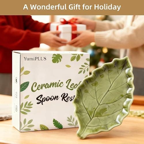 YumiPLUS Ceramic Leaf Shape Spoon Rest for cooking, Cute Green Cooking Spoon Holder for Stove Top,Large Porcelain Spatula Rest for Kitchen Counter, Farmhouse Kitchen Decor (green) thumbnail 6