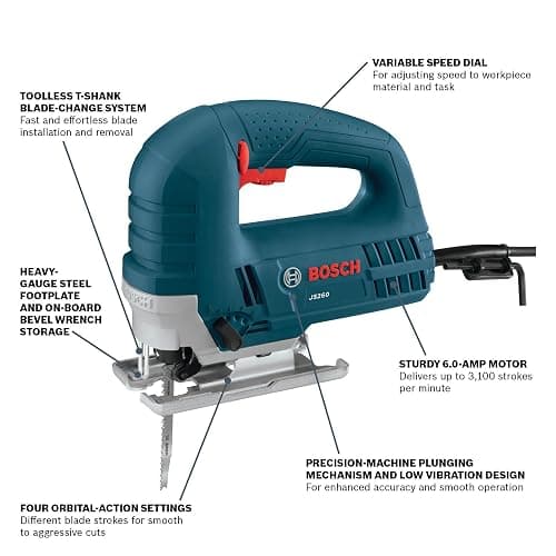 BOSCH JS260 Top-Handle Jig Saw - 6.0 Amp Motor, Variable Speed Control, Low-Vibration Plunging Design, Toolless Blade Change System - Ideal for Accurate and Smooth Cutting thumbnail 3