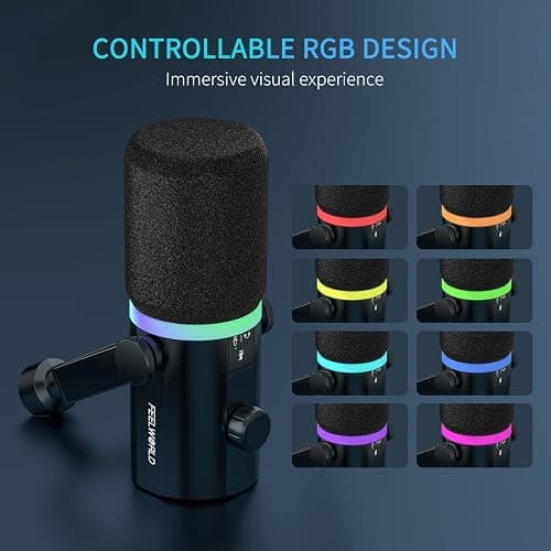 FEELWORLD PM1 XLR USB Dynamic Microphone with Boom Arm Stand Gifts for Podcast Recording PC Computer Gaming Live Streaming Vocal Voice-Over, Studio Metal Mic, RGB Light, Mute Button, Headphones Jack thumbnail 5