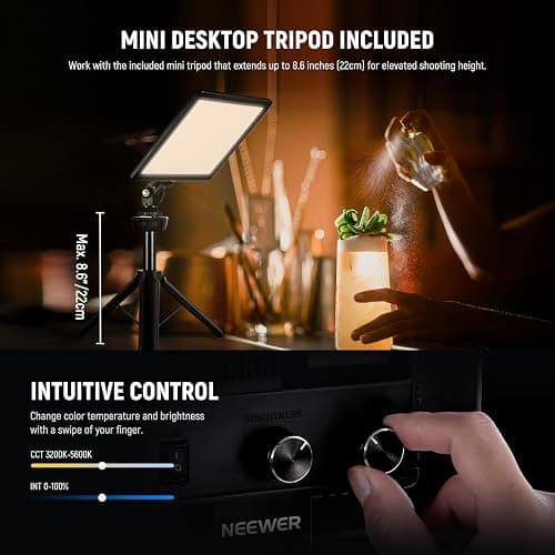 NEEWER 9" LED Video Light Panel, Dimmable DSLR Camera Soft Lighting with Mini Desk Tripod Stand, USB Type C Ports, 3200K~5600K CRI95+ for Studio Photography Video Recording Live Streaming, NL-116AI thumbnail 5