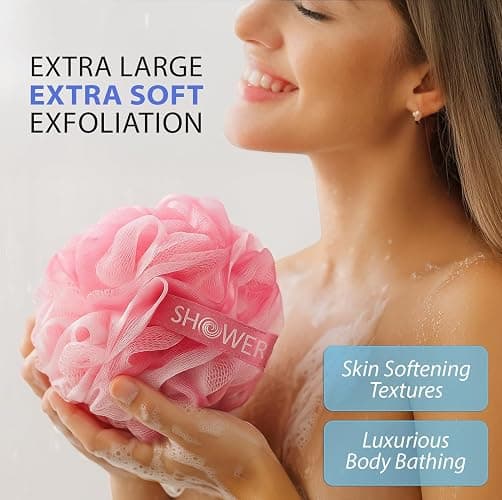 SHOWER BOUQUET Pink-Loofah Bath-Sponge XL 4-Pack // Extra Large 75g Soft Mesh Net Pink Loofa Loufa Luffa Lufa Puff Set/Exfoliating Body Scrubber for Women and Men - Exfoliate & Soothe Face & Body thumbnail 2