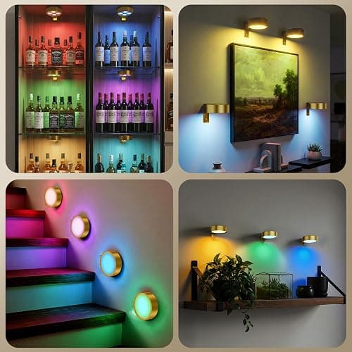 Bawoo 3Pcs Picture Lights for Wall RGB Magnetic Rechargeable Wall Lights,Wireless Battery Operated Art Lights for Paintings,Remote, Dimmable, Timer,Stick On Display Lamp,Poster Light,Puck Light,Gold thumbnail 4