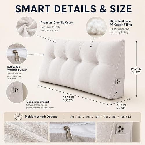 Guzhouyiye Dorm Headboard Pillow,Bed Wedge Pillow for Headboard,No Nail College Dorm Room Essentials Back Support for Reading, Plush Bolster for Daybed Bun (White,Small / 24 Inch) thumbnail 2