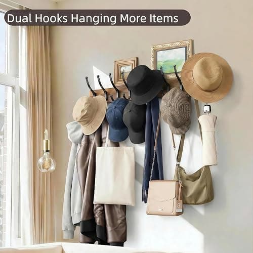 Optish 2 Pack Wooden Coat Rack Wall Mount, 16.1" Rustic Coat Hanger Hooks with 10 Double Hooks, Wall Coat Rack for Hat, Clothes, Bags, Jacket, Brown thumbnail 6