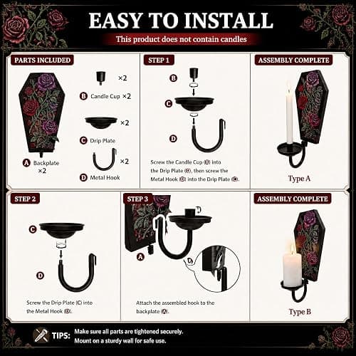 Gothic Coffin Wall Candle Sconce Set of 2, Dark Romantic Rose Thorn Backplate with Removable Trays for Taper & Pillar Candles, Gothic Decor for Living Room Bedroom, Year-Round Halloween Home Accent thumbnail 4