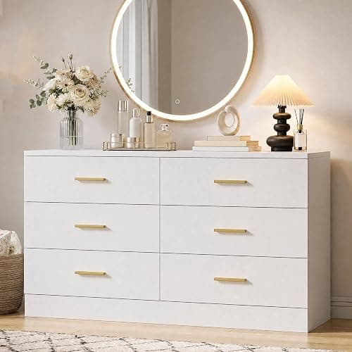 MUTOVA White 6 Drawer Dresser for Bedroom Modern Chests of Drawers with Gold Handle 47" Wooden Closet Dresser Long Storage Cabinet Organizer Dresser TV Stand - Image 1