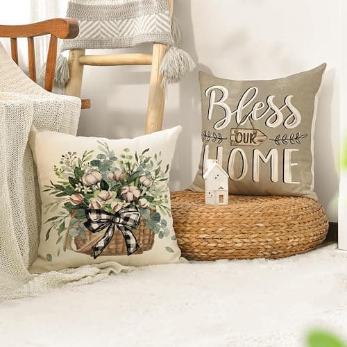 AVOIN colorlife Bless Our Home Farmhouse Eucalyptus Leaves Throw Pillow Covers, 18 x 18 Inch Truck Home Sweet Home Cushion Case Decorations Set of 4 thumbnail 6