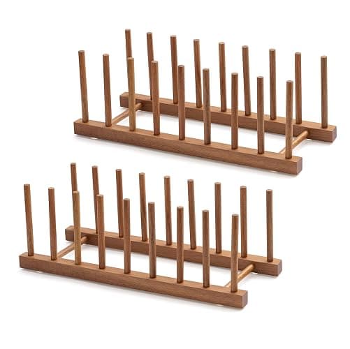 HBlife 2pcs Acacia Wooden Dish Dying Rack Pot Lid Plate Organizer Holder for Cabinet, Cutting Board Stand Drainer Storage Plate Rack for Dish, Pot Lid, Bowl, Cup, Cutting Board and Books - Image 1