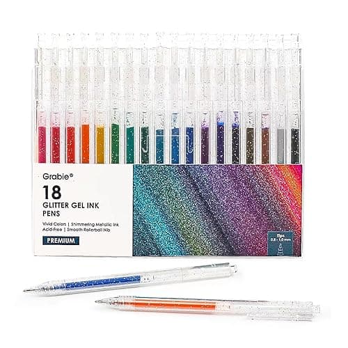 Grabie glitter gel pens 18 Colors,Metallic Vibrant Sparkle gel pens for coloring,Retractable Sparkle glitter markers,glitter pens for adults,colored gel pens for Adult Coloring Books and Drawing - 18 Colors Retractable Glitter Gel Ink Pens