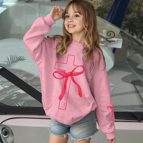 Lubpow Girls Christian Sweatshirt Kids Cute Pink Bow Sweatshirts Teens Aesthetic Cross Graphic Long Sleeve Shirt Pullover Top thumbnail 3