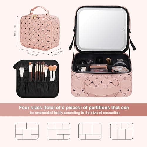 Travel Makeup Bag With 360° rotating LED Mirror,Waterproof cosmetic organizer,Portability Cosmetic case,Makeup organizer,Gift for Women,Girls Gift (Pink) thumbnail 3