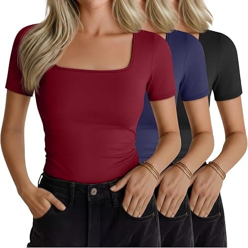 Ficerd 3 Pack Women's Square Neck Shirts, Short Sleeve Slim Fit Tops Scoop Neck Summer Casual Basic T-Shirts Tee - Image 1