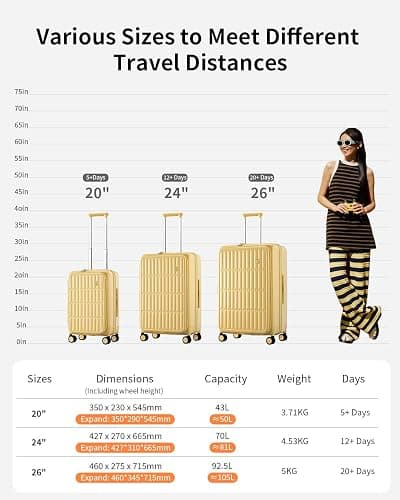 aji Expandable Top Open 26 Inch Checked Luggage with Spinner Wheels, Large Suitcase with TSA Lock, Hardside Travel Luggage Suitcases for Men Women, for 24+Days Travel, Cheese Yellow thumbnail 11