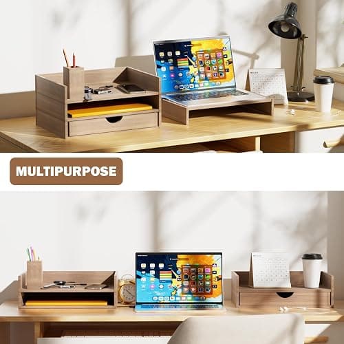 HeyiQiL Paper letter tray, Stackable 4-Tier Wood Desk File Document Organizer with Drawer and Pen Holder For Home Office Classroom thumbnail 4