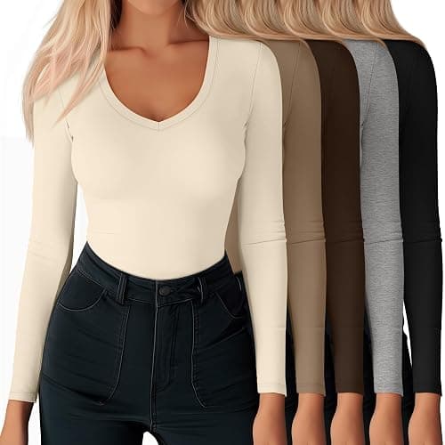 Yearntown 5 Pack Women's Long Sleeve Shirts, V Neck Knit Slim Fitted Tops Basic Solid Casual Tees Fall Winter Tight T Shirts - Image 1