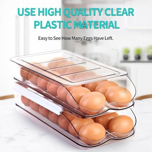 RoskDeewat Egg Holder for Fridge, Automatic Rolling Egg Container for Refrigerator, Stackable Fridge Organizers and Storage with Lid, Clear Plastic Egg Dispenser & Tray (2 Tier) thumbnail 6