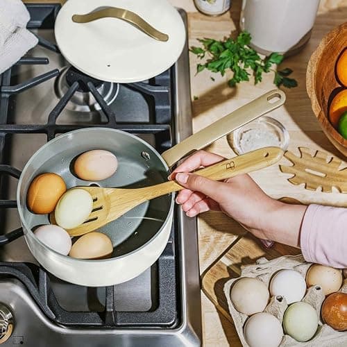 Beautiful 12pc Ceramic Non-Stick Cookware Set by Drew Barrymore, Pots & Pans with Lids, Dishwasher‑Safe,Soft‑Touch Handles, Even‑Heat Base. (White Icing) thumbnail 2
