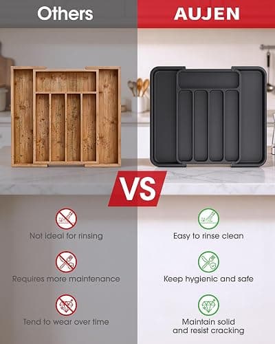Aujen Silverware Organizer - Expandable Kitchen Drawer Organizer, Adjustable Utensil Organizer, Cutlery Tray for Forks, Knives, Multipurpose Kitchen Organizers and Storage Solution, Black, Medium thumbnail 6