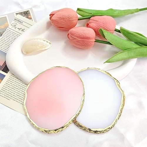 2Pcs Resin Nail Art Palette,Nail Polish Palette,Gold Edge Nails Holder Display Board,Cosmetic Mixing Tools for Nails Art(White,Pink) thumbnail 2