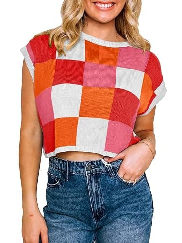 Saodimallsu Womens Cap Sleeve Crop Tops Summer Color Block Going Out Crew Neck Knit Trendy Casual Sweater thumbnail 2