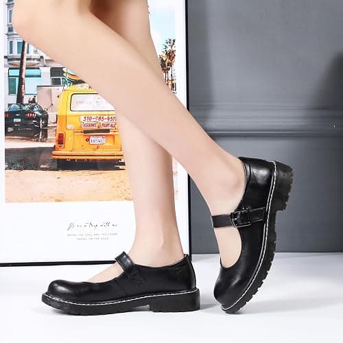 XMM Mary Jane Shoes Women Oxford Shoes Leather Round Toe Flats Non-Slip Ankle Buckle Strap Comfort Casual Dressy Cosplay Party School Work Shoes thumbnail 3