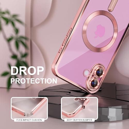 Misea Magnetic for iPhone 16 Plus Case with MagSafe [Never Yellowing] [Military Grade Drop Protection] Full Camera Lens Protector Plating Soft Clear Phone Case for Women Girls 6.7 inch, Pink thumbnail 4