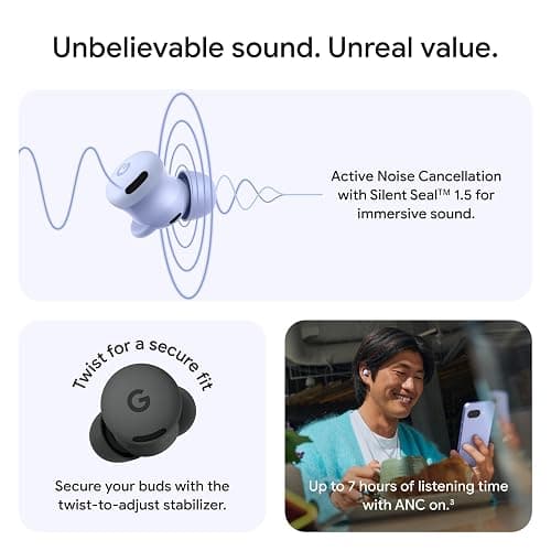 Google Pixel Buds 2a - Wireless Bluetooth Earbuds with Active Noise Cancellation and Transparency Mode - Lightweight, Comfortable Fit - 20-Hour Battery - Water Resistant - Built for Gemini - Hazel thumbnail 2