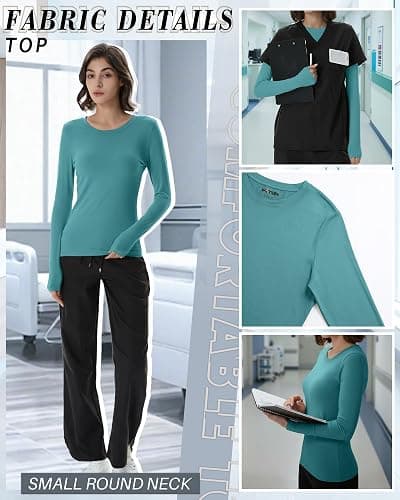 Xaatren 4 Pack Women's Underscrub Shirts Long Sleeve Nurse Cotton Blend Crewneck Slim Fit Tops Soft Stretchy Basic Tee thumbnail 3