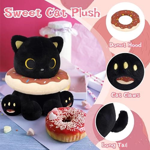 Hagusahuo Black Cat Plush, 8inch Donut Black Cat Stuffed Animal Cute Plushies Toys for Girls Kids Boys, Kawaii Kitten Plushie for Kids Adult Christmas Birthday Gift thumbnail 5