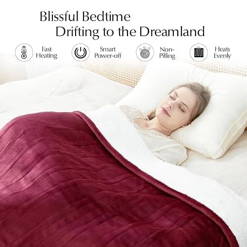 SNUGSUN Electric Heated Blanket Twin Size, Soft and Cozy Thickened Flannel and Sherpa Electric Blanket for Bed, Automatic Safety System 6 Heating Levels & 10 Hours Auto-Off, 62"x84" Garnet thumbnail 4