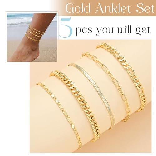 iF YOU Gold Ankle Bracelets for Women, 14k Gold Plated Waterproof Cuban Link Chain Anklets Set, Layered Anklet Bracelets for Women Beach Gift Adjustable Size 5pc thumbnail 5