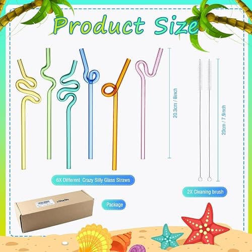 Yinkin 6 Pcs Wavy Glass Straws Reusable Curved Straw Shatter Resistant with 2 Cleaning Brushes Clear Silly High Borosilicate for Kids Adults Smoothies Juice (Colorful, 8 Inch) thumbnail 3