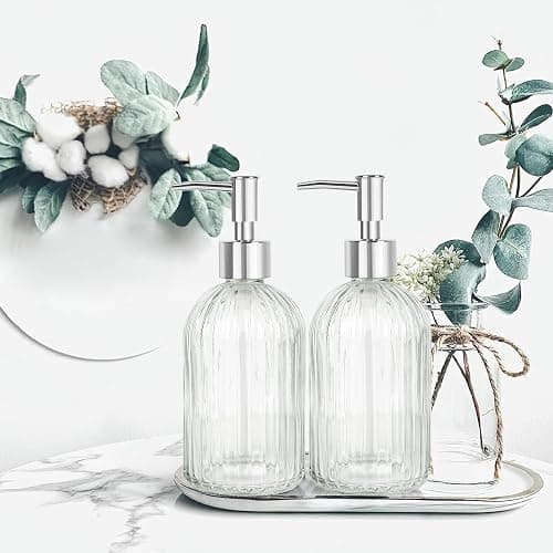 Glass Soap Dispenser with Plastic Pump, Hand Soap Dispenser for Hand Wash, Lotion Dispenser for Dishwashing Liquid, Lotion Shower Gel (Striped Transparent) thumbnail 5