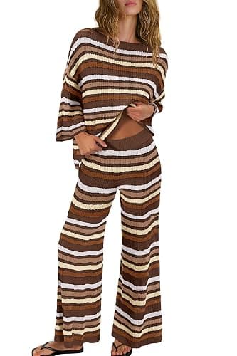 ReachMe Womens Oversized Striped 2 Piece Set Sweater and Wide Leg Pants with Pockets Pajama Lounge Sets Casual Outfits thumbnail 3
