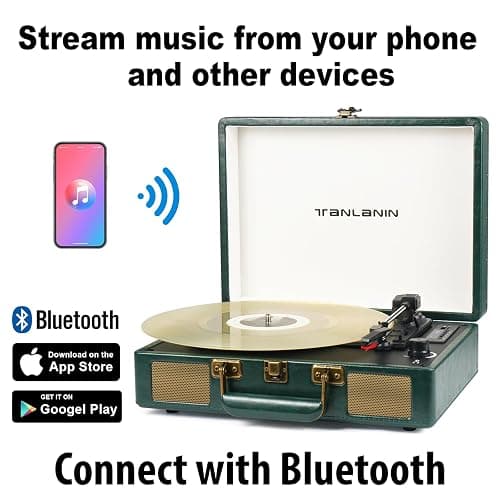 Vintage 3-Speed Bluetooth Portable USB Suitcase Record Player with Built-in Speakers | Upgraded Vinyl Turntable Audio Sound| Includes Extra Stylus & Mat | Green thumbnail 4