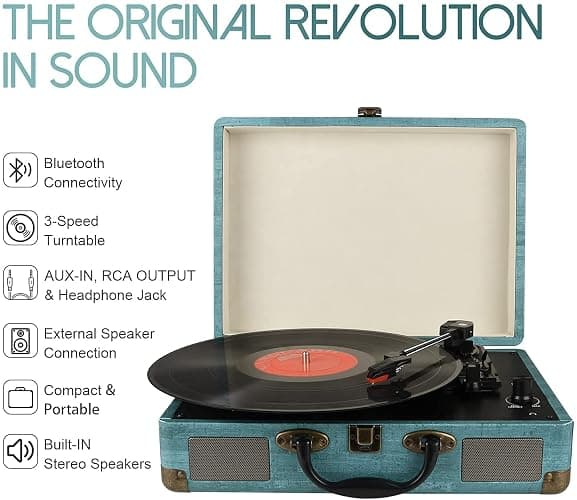 Giradischi Vinile, 3 Velocità (33 1/3, 45 E 78 Giri) stereo Portatile Giradischi, con Altoparlanti Incorporati, Bluetooth, 3.5mm AUX-IN E Jack per Cuffie, Linea RCA thumbnail 3