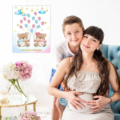 Gender Reveal Fingerabdruck Baum für Babyparty, Bär Baby Shower Gender Reveal Game, Gender Reveal Fingerabdruck Baum Schild Gender Reveal Party, Gender Reveal Keepsake Andenken, Leinwand Dekoration thumbnail 6