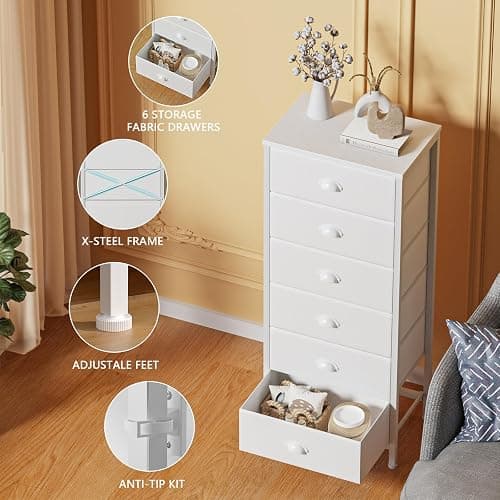 Furnulem White Dresser for Bedroom, 6 Fabric Drawers Chest of Drawers | Tall Skinny Dresser for Closet, Vertical Storage Tower Unit, Tall Nightstand for Dorm, Living Room, Metal Frame, Wooden Top thumbnail 5