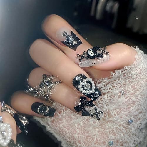 BABALAL Black Press on False Nails Medium Coffin Fake Nails Goth French Tip Glue ons Acrylic Nails Cute Bow Anime Heart Charm Design 24Pcs kawaii Luxury Bling Ballerina Manicure DIY - Image 1