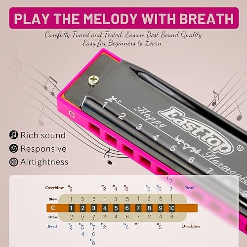 East top Blues Harmonica, Diatonic 10 Holes C Key Happy Harmonica Mouth Organ for Beginner,Kids,Children,Students,Gift,with Carrying Plastic Case,Clean Cloth and Manual thumbnail 3