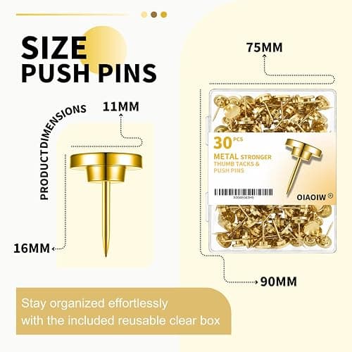 30PCS Metal Gold Heavy Duty Thumb Tacks for wall Push pins for wall | Flat tacs for wall for bulletin board for shadow box display thumbnail 6