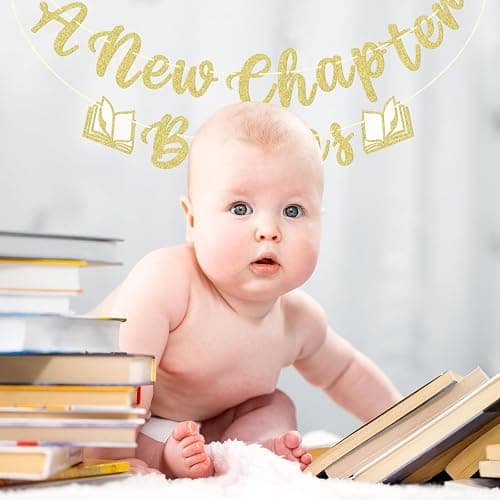 A New Chapter Begins Banner - Book Themed Baby Shower Decorations, Reading Themed Party Decorations, Gold and White Glitter thumbnail 6