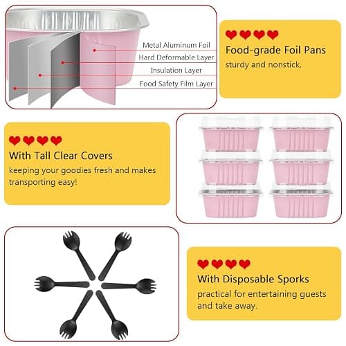 LNYZQUS 10oz Mini Cake Pans With Lids 40 Pack, Aluminum Foil Square Brownie Baking Cups,Disposable 4”x4” Large Cupcake Pan,Jumbo Muffin Tin Ramekins Holders-Pink thumbnail 5