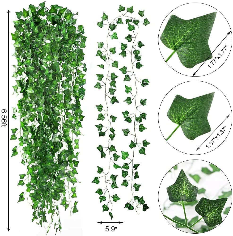 12 Strands /24M Artificial Ivy Leaf Plants Vine Hanging Garland Fake Foliage Flowers Home Kitchen Garden Office Wedding Wall Decor, Green (12PCS-79Feet/24M) thumbnail 2