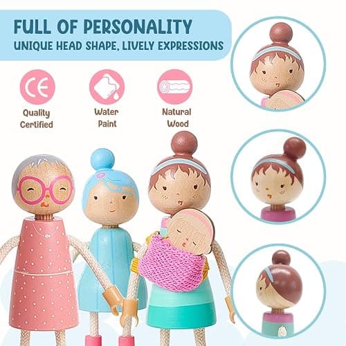 Giant bean Wooden Family Dolls Set of 7 for Dollhouse, Dollhouse People Miniature Dollhouse Accessories Toy for Boys Girls Kids Pretend Play 3 Years up - Dollhouse Family Dolls thumbnail 4