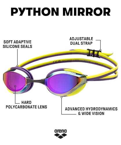 ARENA Unisex Python Racing Swim Goggles for Men and Women Anti-Fog No Leak Max Comfort Dual Strap, Mirror/Non-Mirror Lens thumbnail 3
