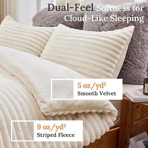 Sasttie Fluffy Comforter Set Queen 3 Pieces - Super Soft & Fuzzy Cream White Comforter Set for Winter Warm Fleece Bedding, 1 Luxury Heavy Faux Fur Down Alternative Comforter with 2 Pillow Cases thumbnail 4